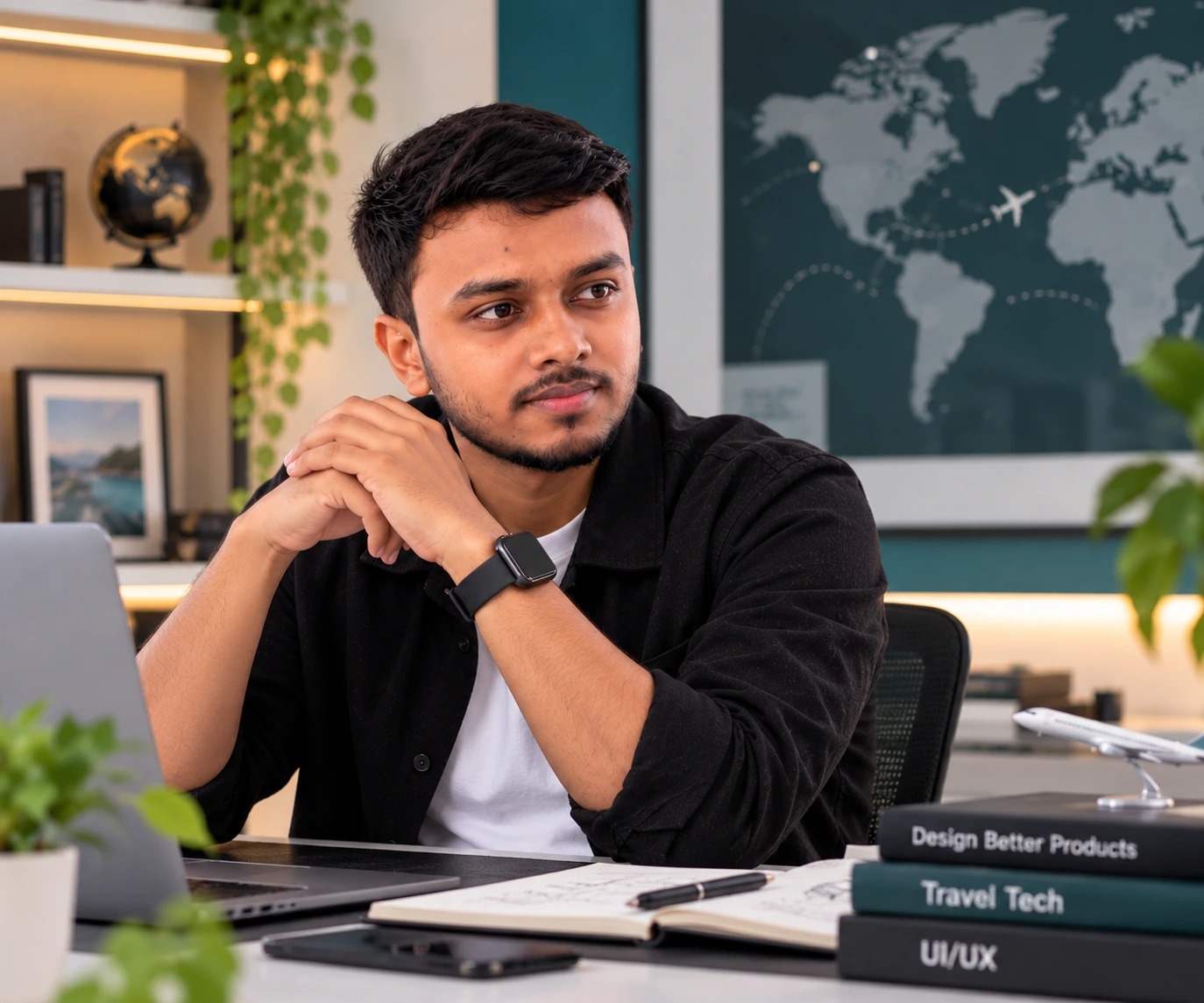 Arshak at his workspace with a travel-themed backdrop