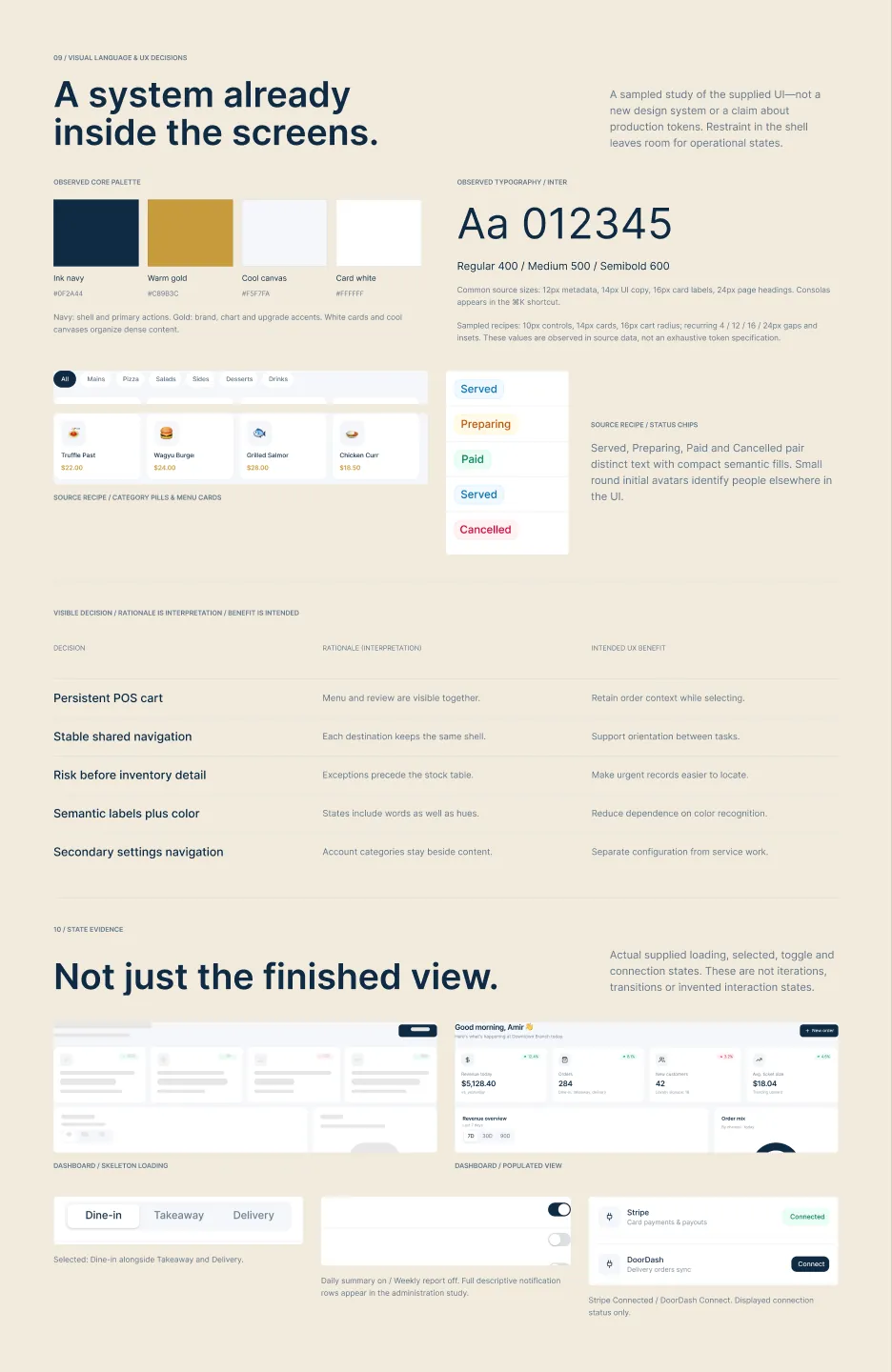 Fig. 06 — Visual language decisions and actual states — DineSphere case study screen