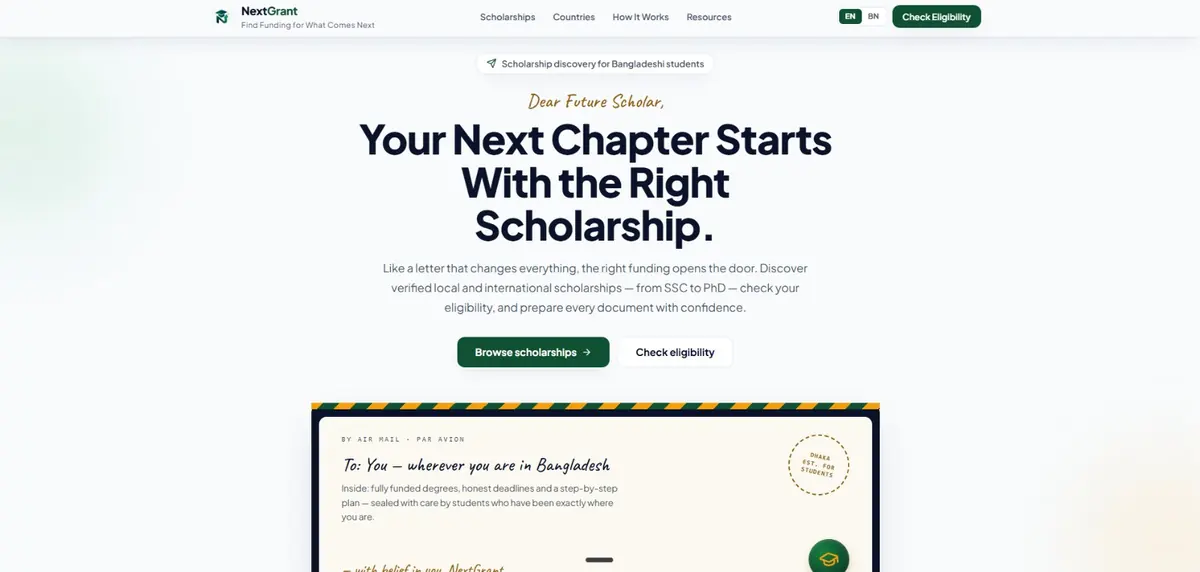 Screenshot of the NextGrant homepage — scholarship discovery for Bangladeshi students