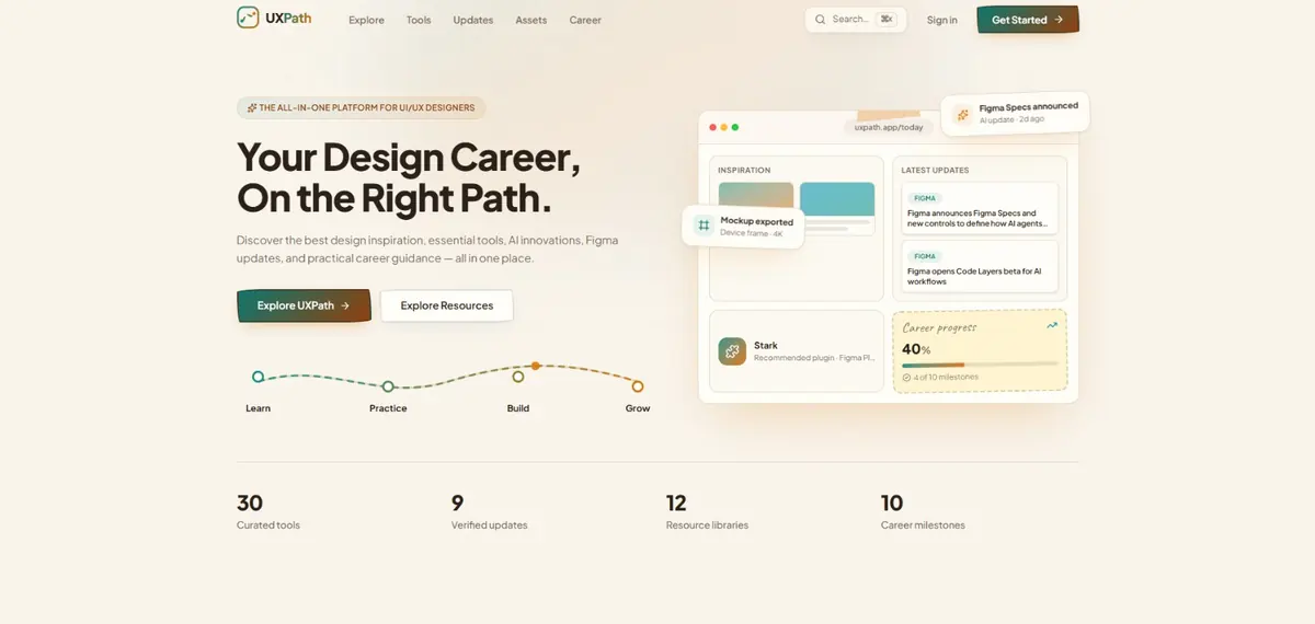 Screenshot of the UXPath homepage — a platform for UI/UX design careers